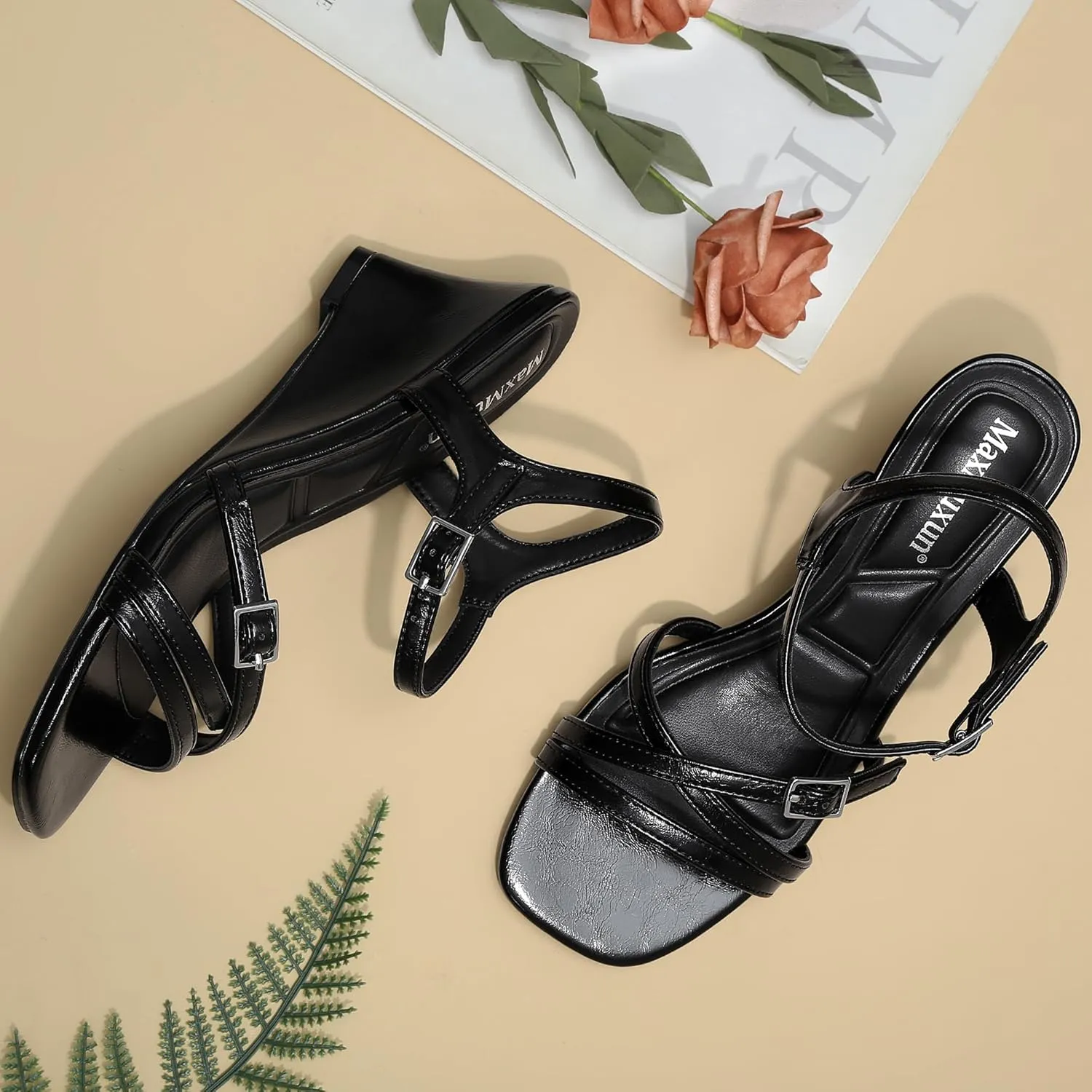 MaxMuxun Womens Wedge Sandals 2025 Square Toe Strappy Sandals 2.75 Inch Wedges Heels Dress Shoes for Women