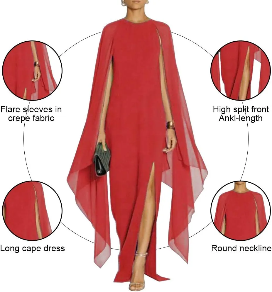 MAYFASEY Women's Elegant High Split Flare Sleeve Formal Evening Gowns Maxi Dress with Cape