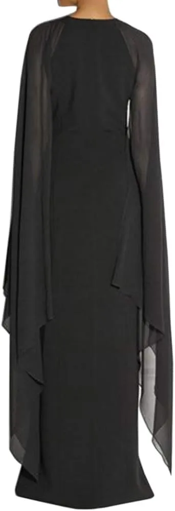 MAYFASEY Women's Elegant High Split Flare Sleeve Formal Evening Gowns Maxi Dress with Cape