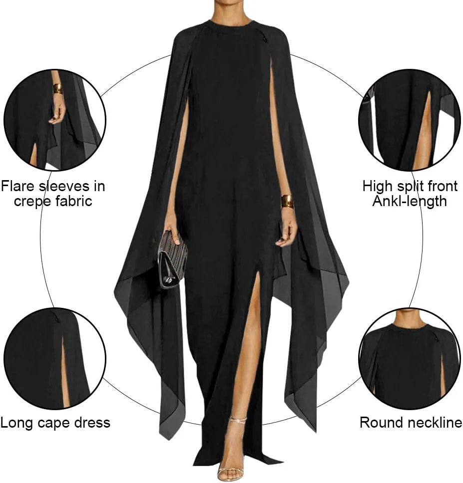 MAYFASEY Women's Elegant High Split Flare Sleeve Formal Evening Gowns Maxi Dress with Cape