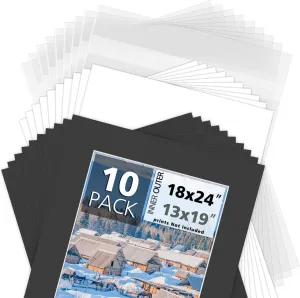 MBC MAT BOARD CENTER, Pack of 10-18x24 Pre-Cut 13x19 - Black Mats - for Pictures, Photos, Framing - Kit Includes: 10 White Backboards and 10 Clear Bags - Acid Free, 4-ply Thickness, White Core