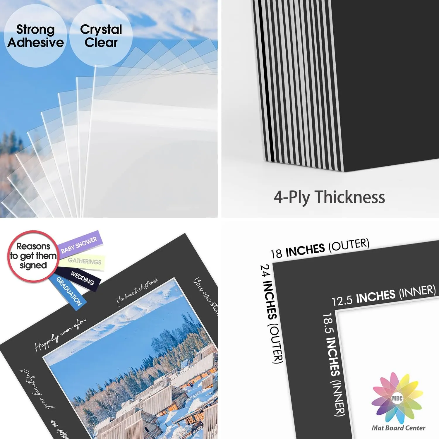 MBC MAT BOARD CENTER, Pack of 10-18x24 Pre-Cut 13x19 - Black Mats - for Pictures, Photos, Framing - Kit Includes: 10 White Backboards and 10 Clear Bags - Acid Free, 4-ply Thickness, White Core
