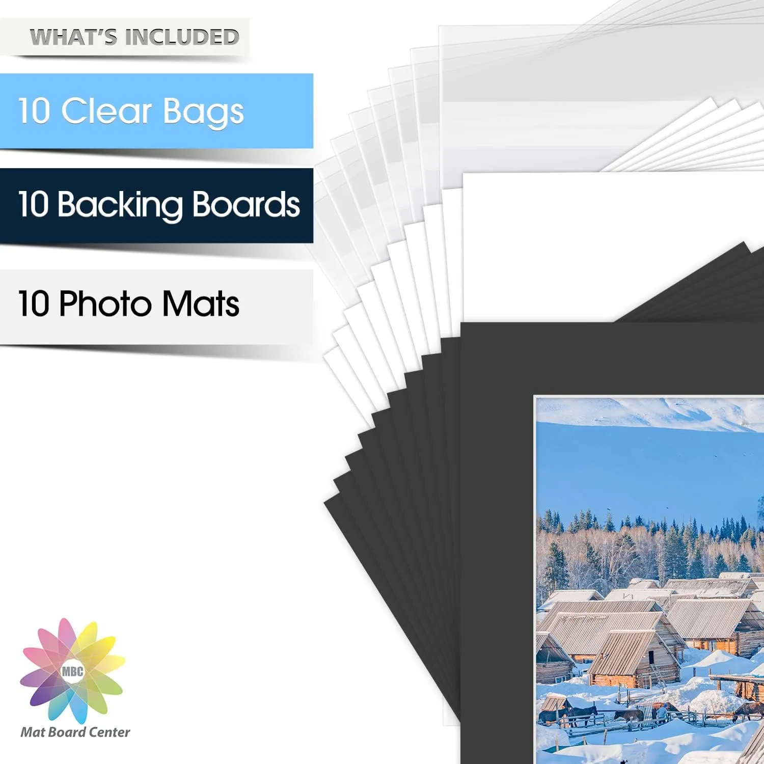 MBC MAT BOARD CENTER, Pack of 10-18x24 Pre-Cut 13x19 - Black Mats - for Pictures, Photos, Framing - Kit Includes: 10 White Backboards and 10 Clear Bags - Acid Free, 4-ply Thickness, White Core