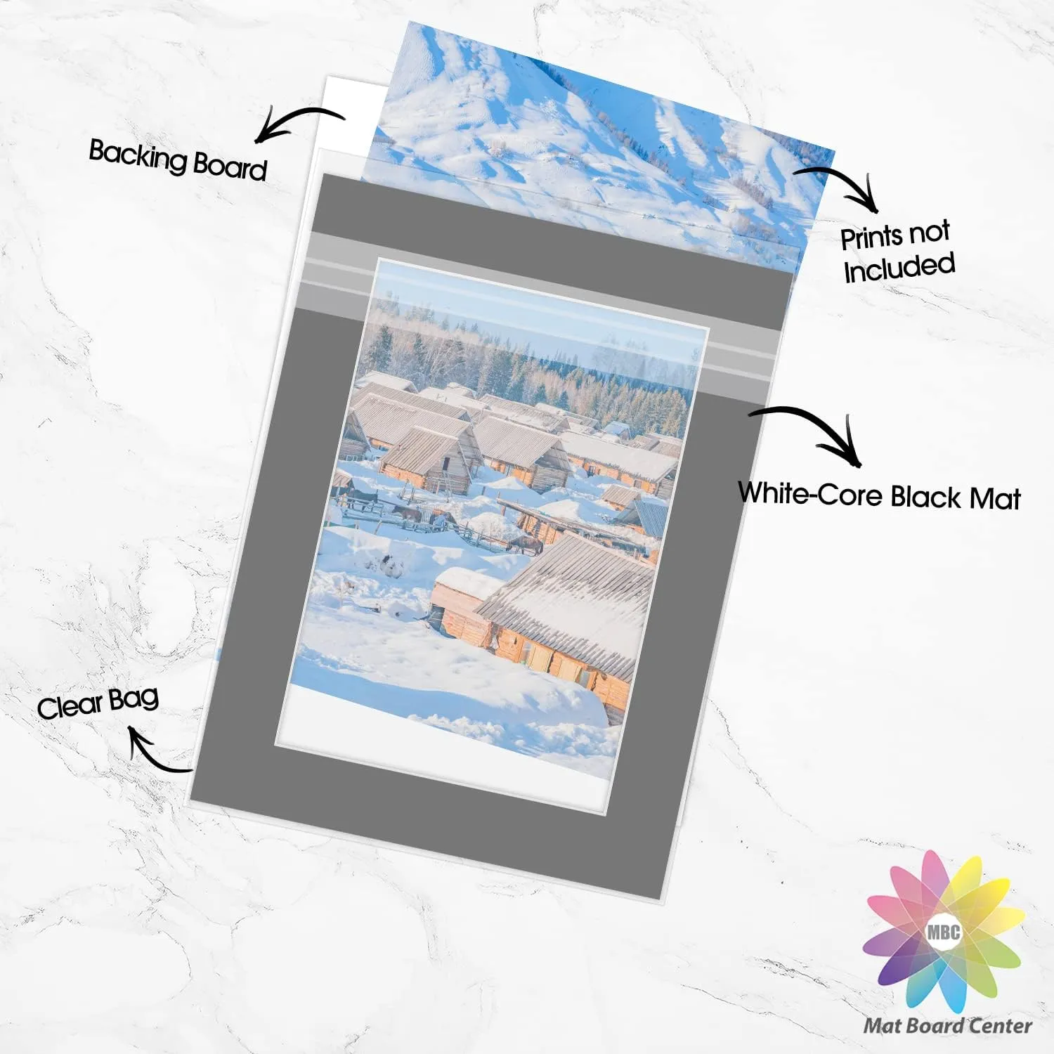 MBC MAT BOARD CENTER, Pack of 10-18x24 Pre-Cut 13x19 - Black Mats - for Pictures, Photos, Framing - Kit Includes: 10 White Backboards and 10 Clear Bags - Acid Free, 4-ply Thickness, White Core