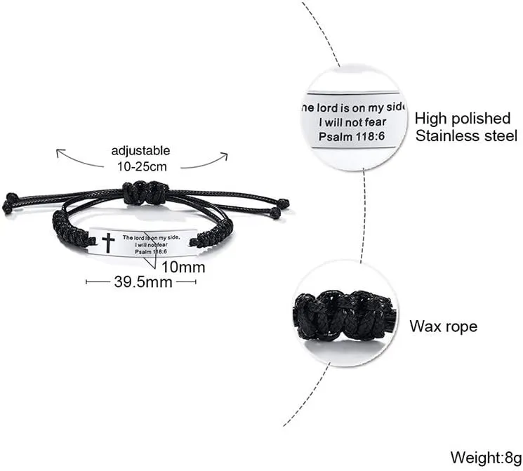 MEALGUET Religious Bible Verse Bracelet Scripture Quotes Inspirational Bracelet Faith Christian Adjustable Cord Stainless Steel Encourage ID Bracelets for Men Women, Customized Gift