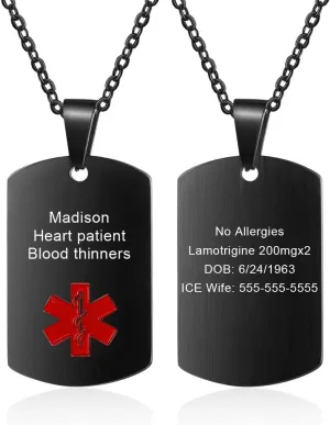 Medical Alert Pendant Necklace for Men Women Custom Engraved Name ID Tag Stainless Steel Necklace Emergency Med Alert Necklace for Men Women Medical Alert Jewelry