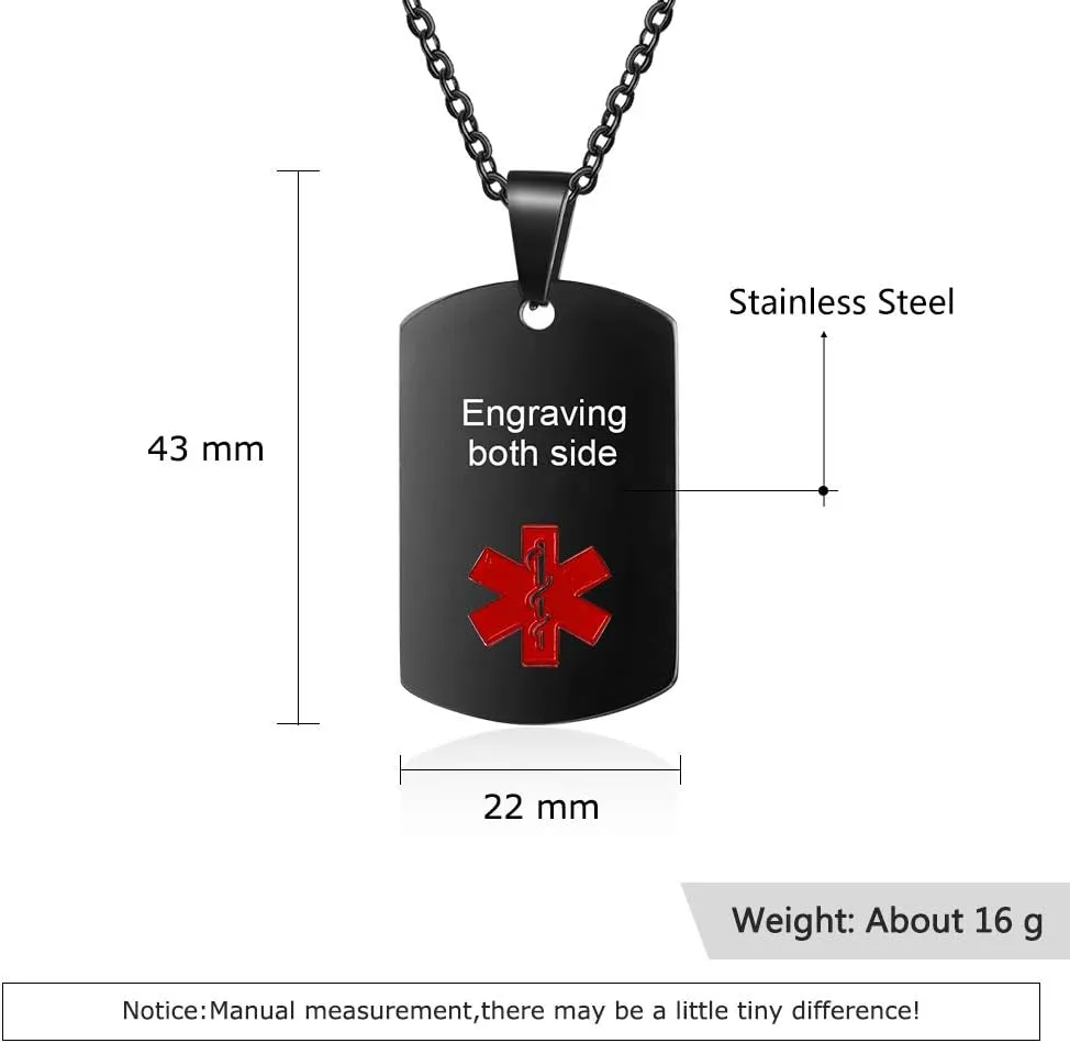 Medical Alert Pendant Necklace for Men Women Custom Engraved Name ID Tag Stainless Steel Necklace Emergency Med Alert Necklace for Men Women Medical Alert Jewelry