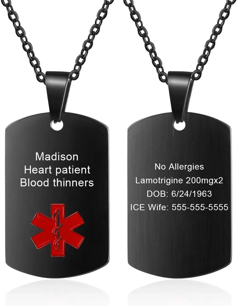 Medical Alert Pendant Necklace for Men Women Custom Engraved Name ID Tag Stainless Steel Necklace Emergency Med Alert Necklace for Men Women Medical Alert Jewelry