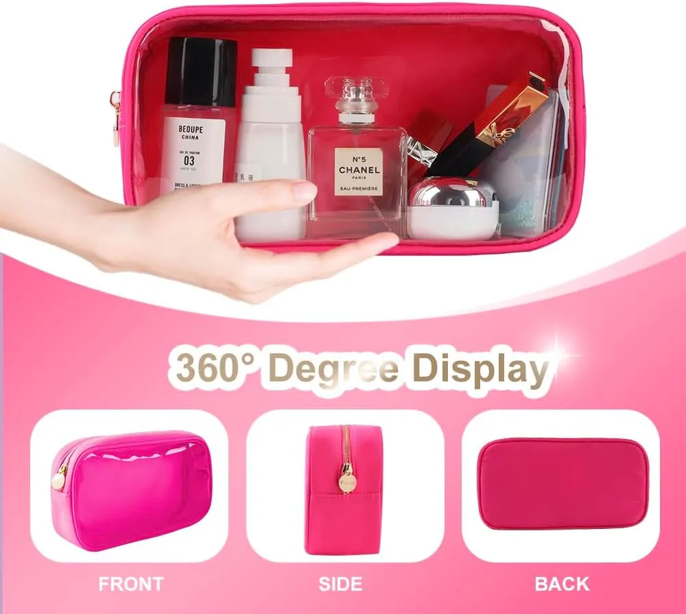Medium Preppy Transparent Makeup Pouch Women Travel Clear TPU and Nylon Cosmetic Pouch (Medium, HotPink)