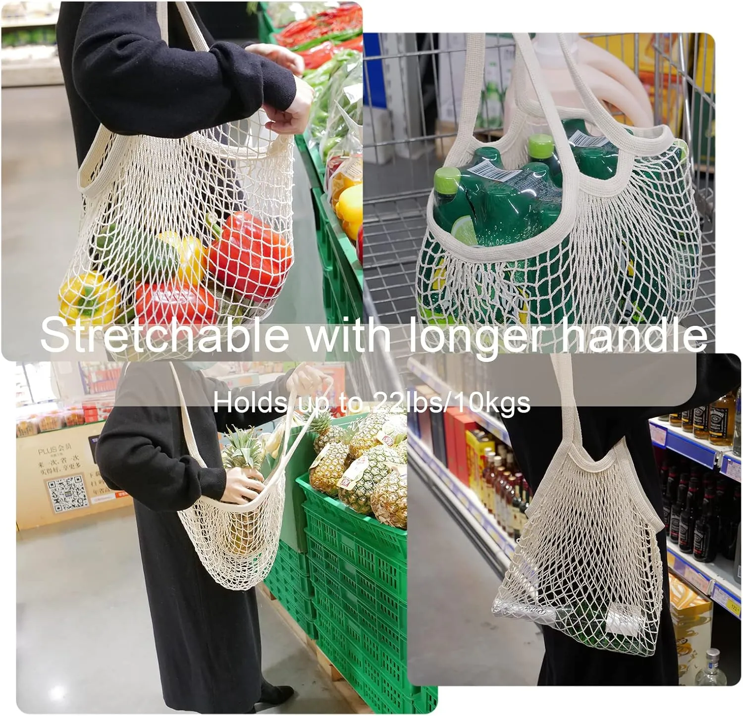 meetall Mesh Grocery Bags, Reusable Tote Bags with Sturdy Handle, Washable, Eco Friendly, Cotton String Net, for Shopping and Storage Fruit Vegetable (5 Pack, One Size, Off White/Pink/Blue/Red/Black)