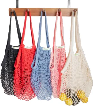 meetall Mesh Grocery Bags, Reusable Tote Bags with Sturdy Handle, Washable, Eco Friendly, Cotton String Net, for Shopping and Storage Fruit Vegetable (5 Pack, One Size, Off White/Pink/Blue/Red/Black)