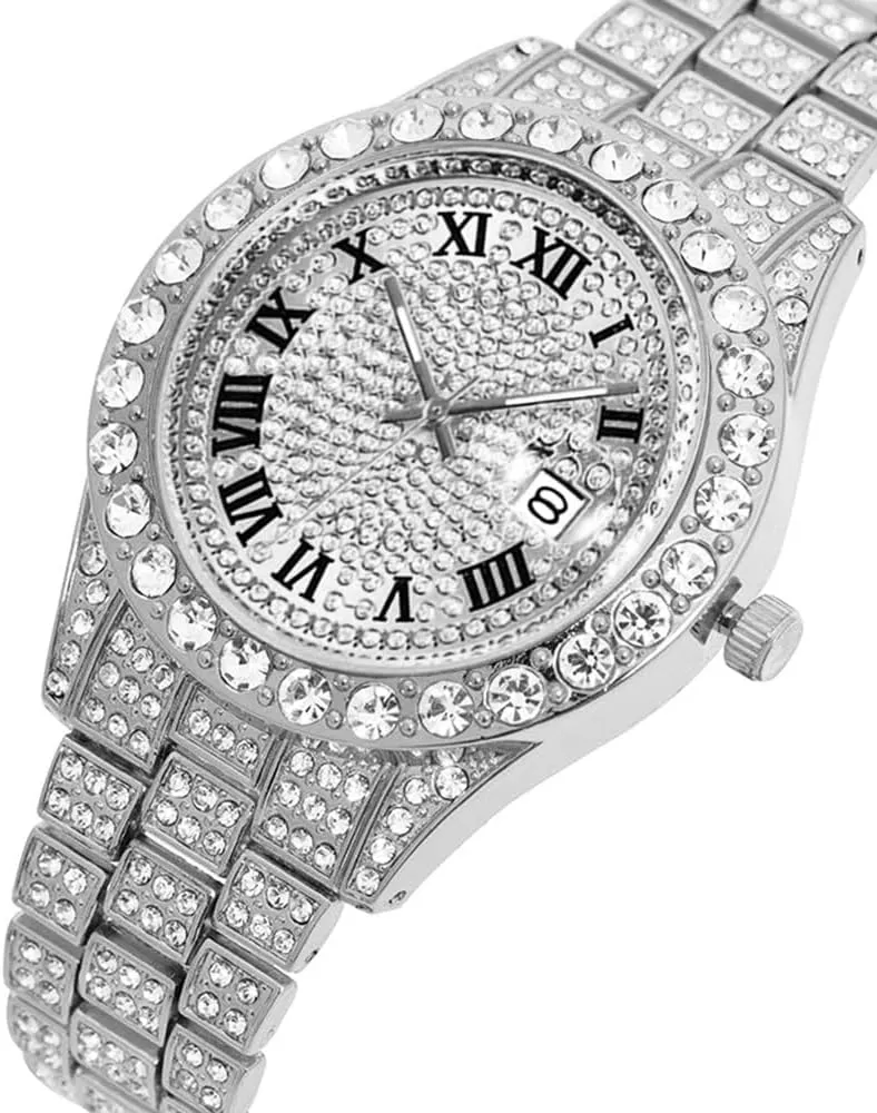 Mens Big Rocks with Roman Numerals Fully Iced Out Colorful Dial Watch