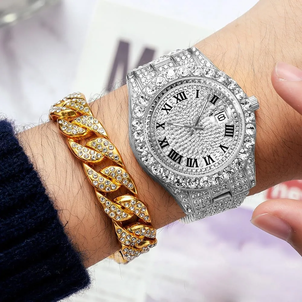 Mens Big Rocks with Roman Numerals Fully Iced Out Colorful Dial Watch