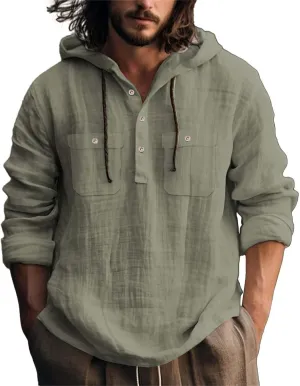 Mens Casual Linen Hooded Shirts Drawstring Hoodies Button up Beach Hippie T-Shirt Lightweight Long Sleeve Blouse Tops