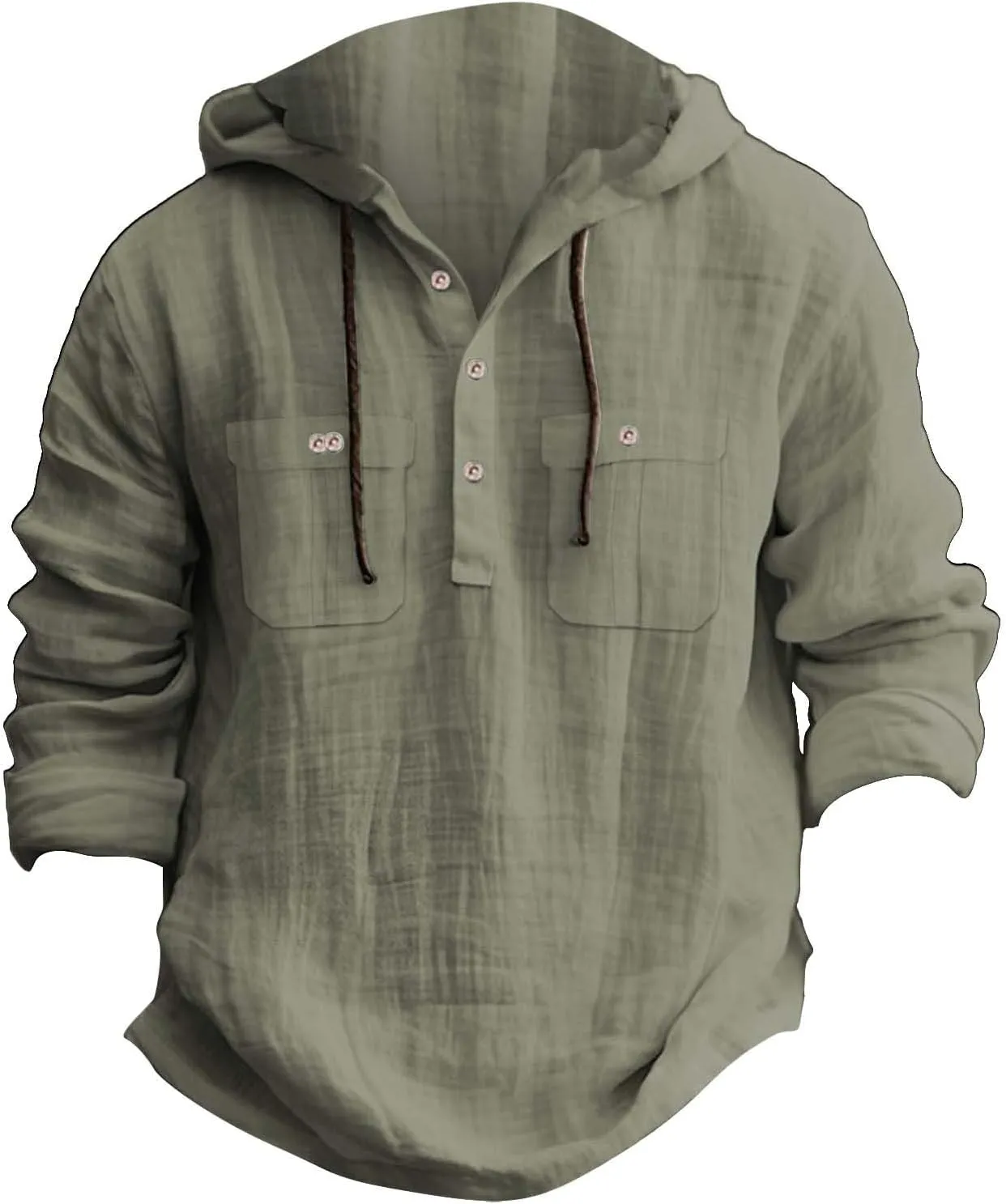 Mens Casual Linen Hooded Shirts Drawstring Hoodies Button up Beach Hippie T-Shirt Lightweight Long Sleeve Blouse Tops