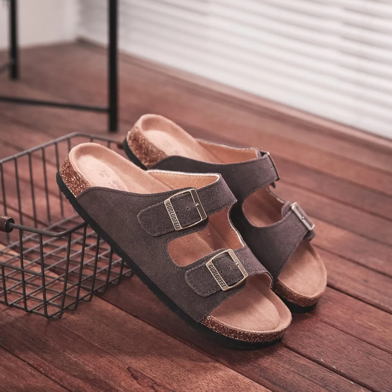 Men's Comfort Sandals with Two Adjustable Straps and Buckles, Fashionable Beach and Casual Slippers,Cork Footbed Sandals for Men