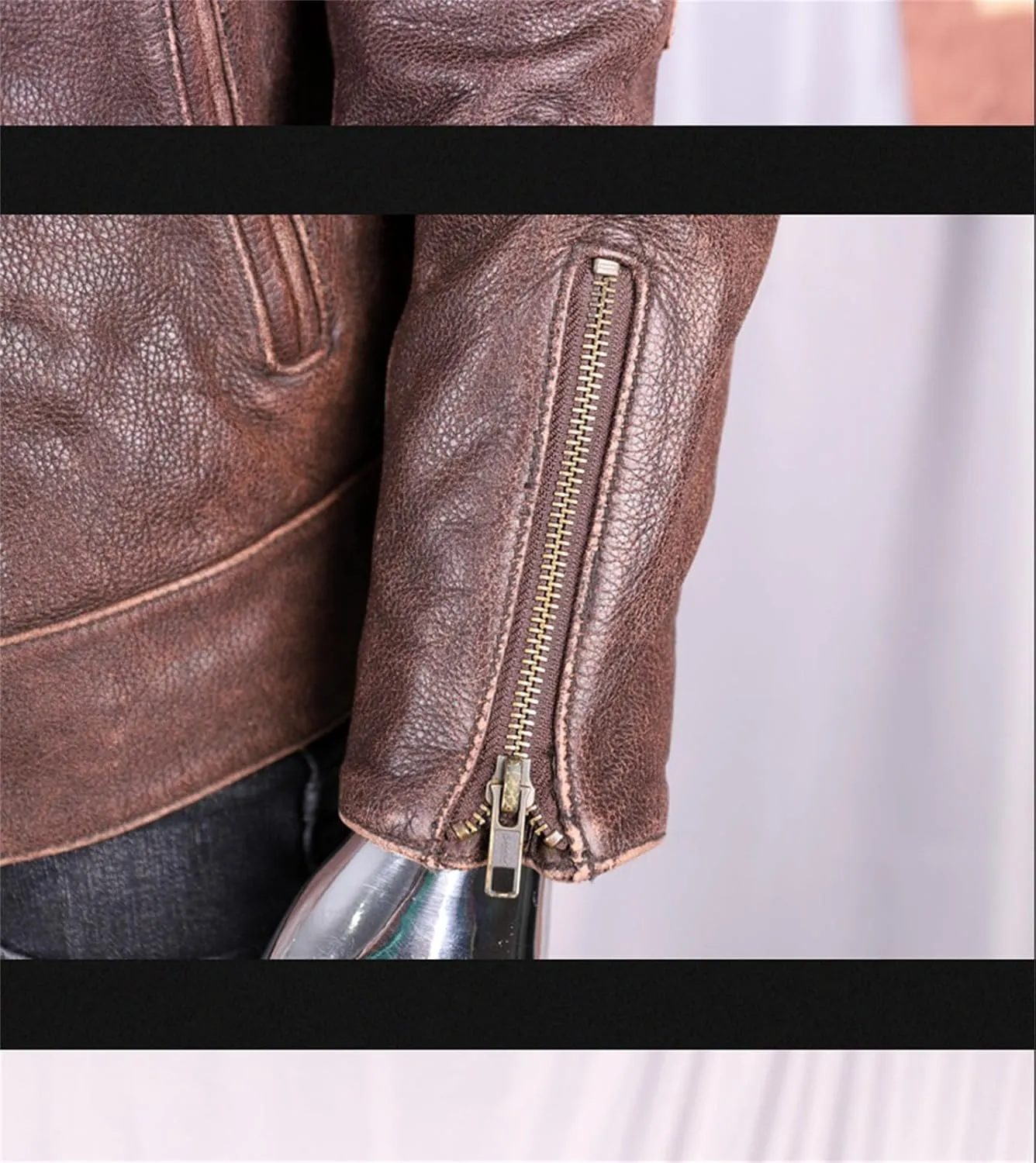Men’s Cowhide Leather Jacket Stand Collar Cool Weather Motorcycle Coat