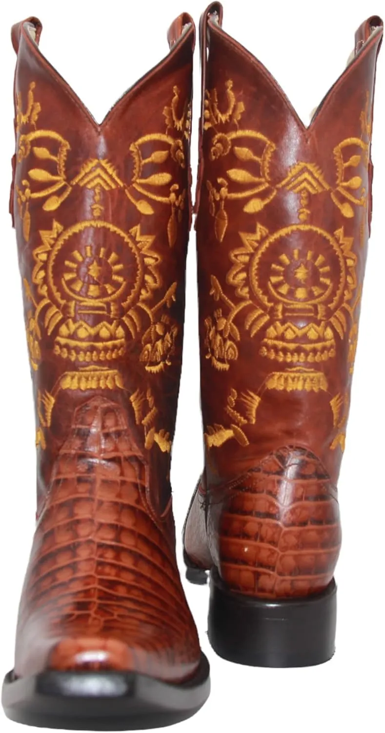 Men's Genuine Leather Pointed Square Toe Crocodile Alligator Print Dress Cowboy Boot