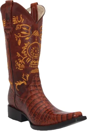 Men's Genuine Leather Pointed Square Toe Crocodile Alligator Print Dress Cowboy Boot