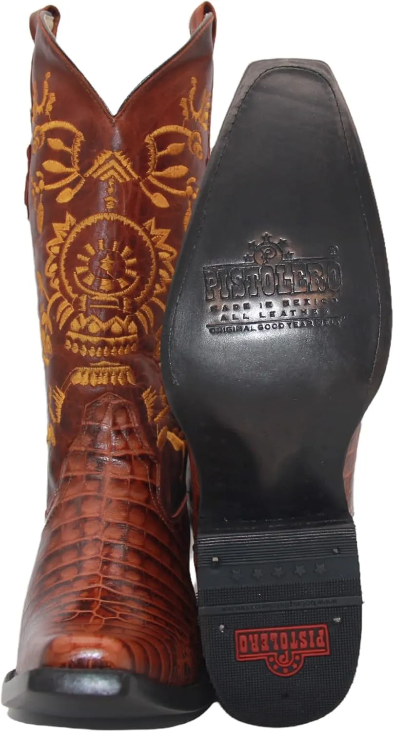 Men's Genuine Leather Pointed Square Toe Crocodile Alligator Print Dress Cowboy Boot