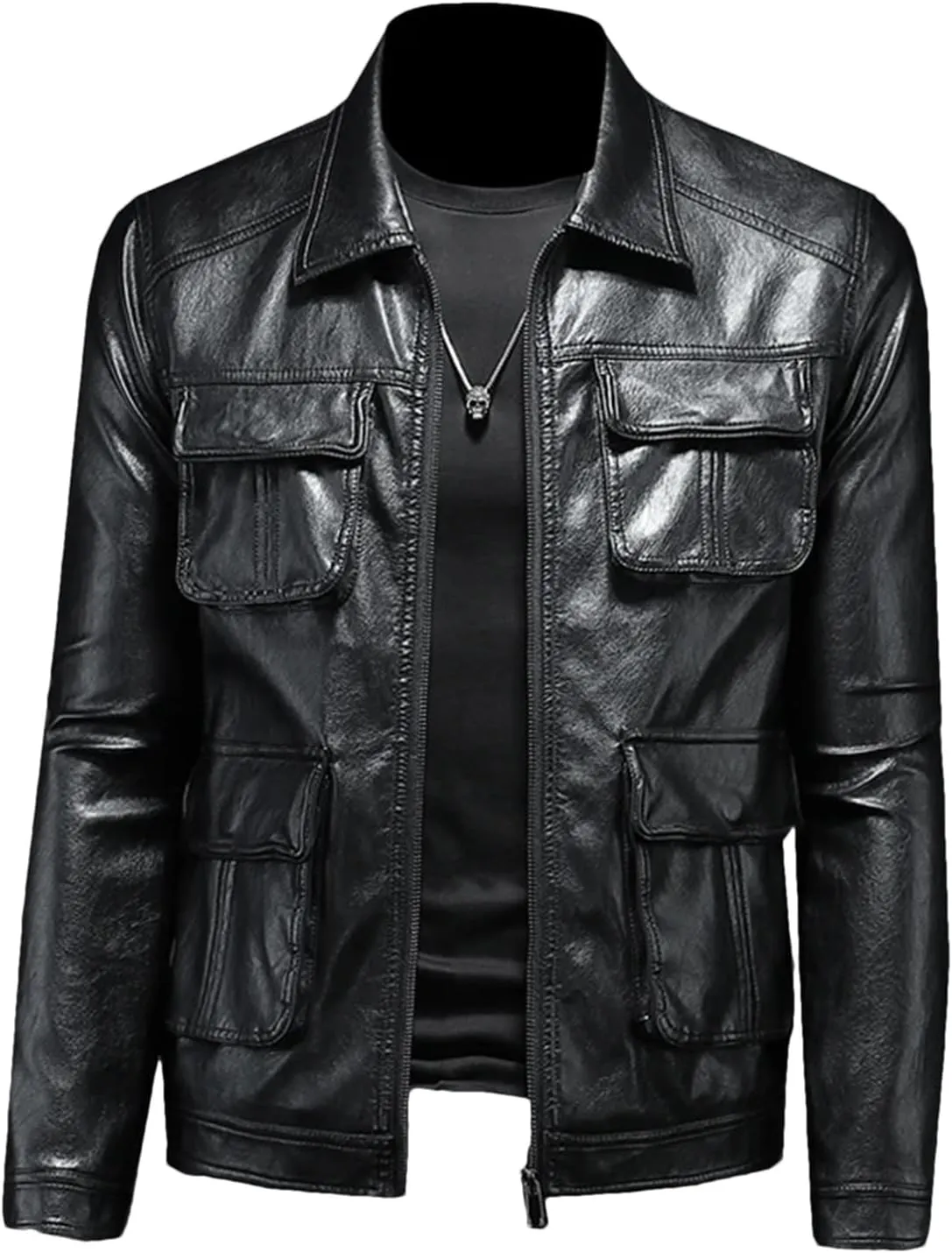 Men’s Lapel Motorcycle Leather Jacket Slim Fit Midweight Winter Casual Coat