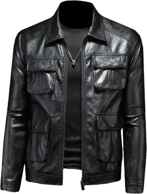 Men’s Lapel Motorcycle Leather Jacket Slim Fit Midweight Winter Casual Coat
