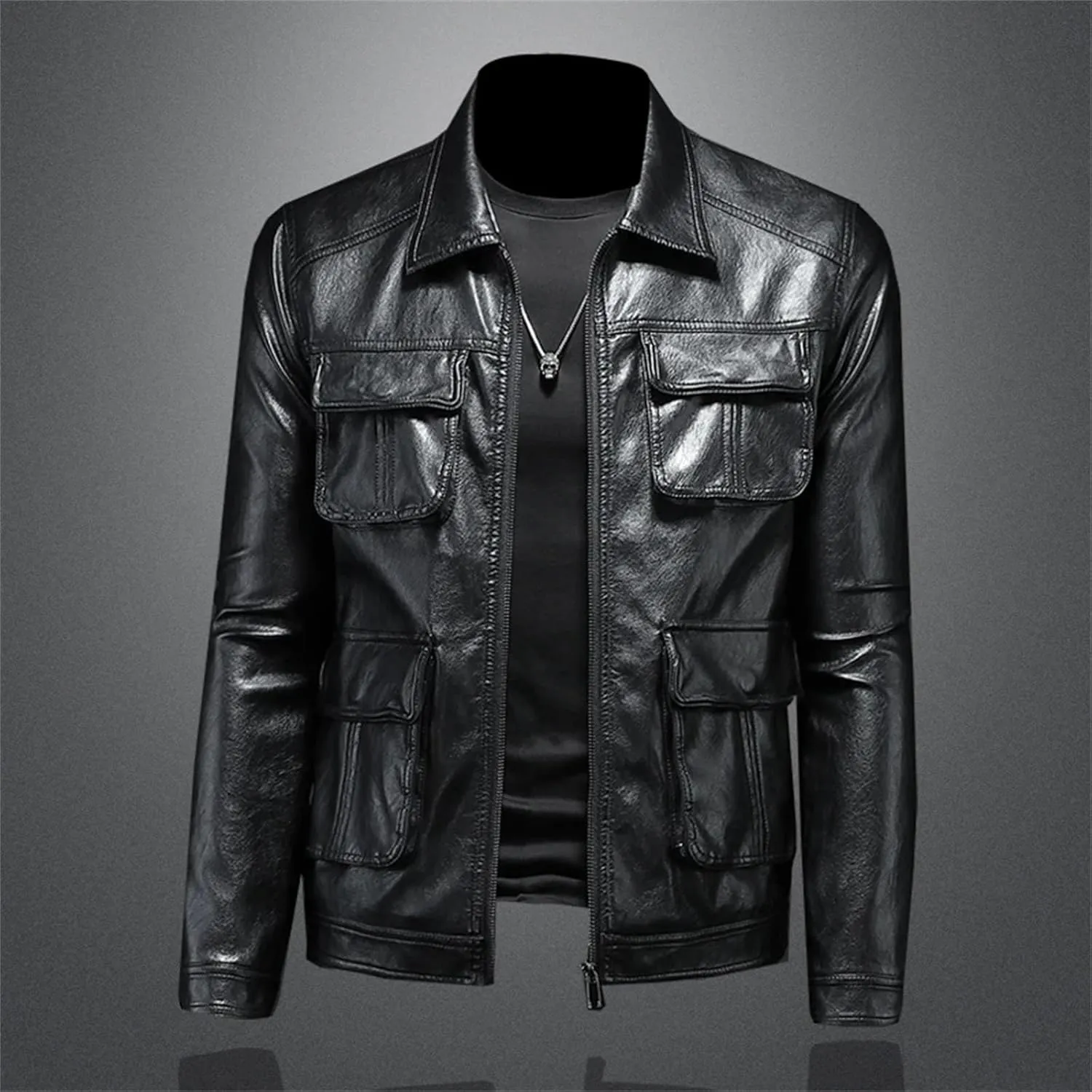 Men’s Lapel Motorcycle Leather Jacket Slim Fit Midweight Winter Casual Coat