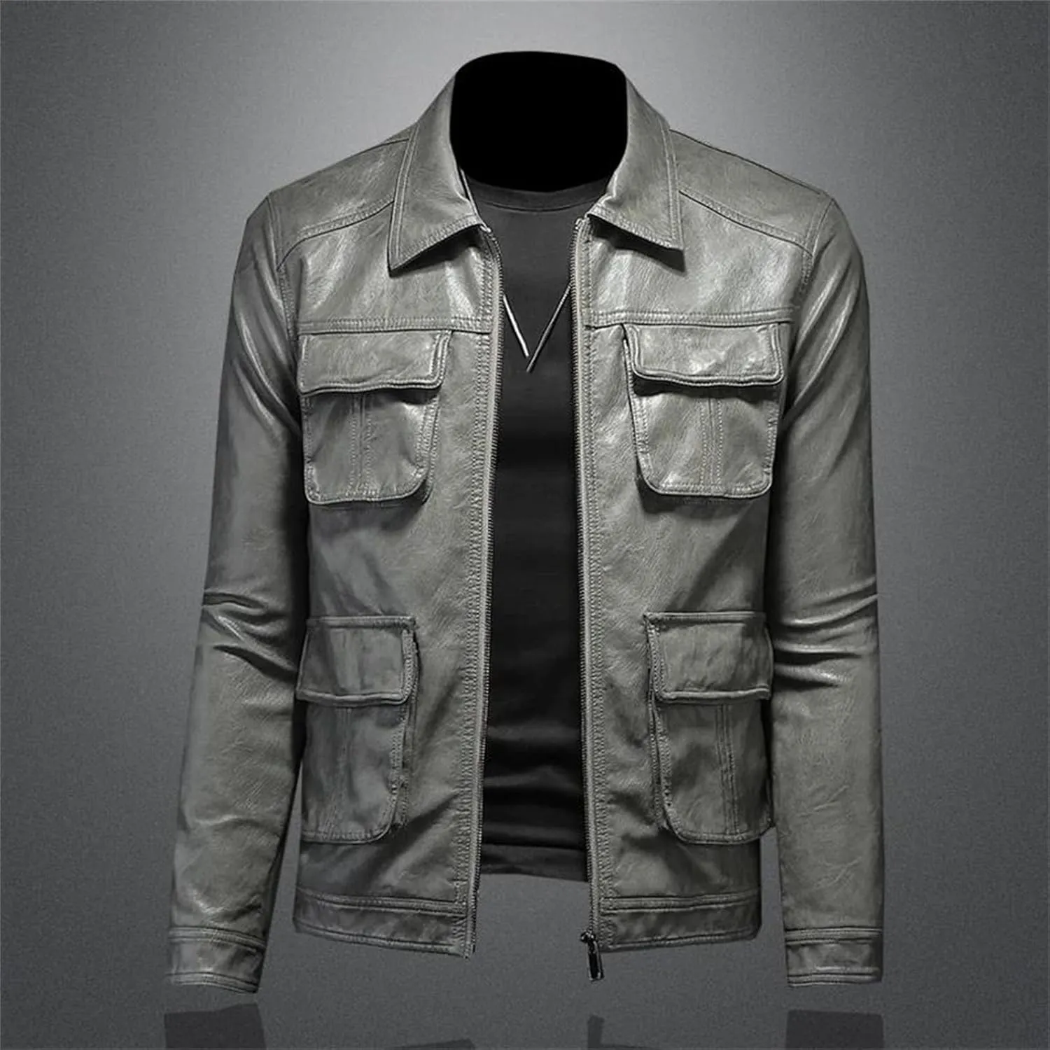 Men’s Lapel Motorcycle Leather Jacket Slim Fit Midweight Winter Casual Coat