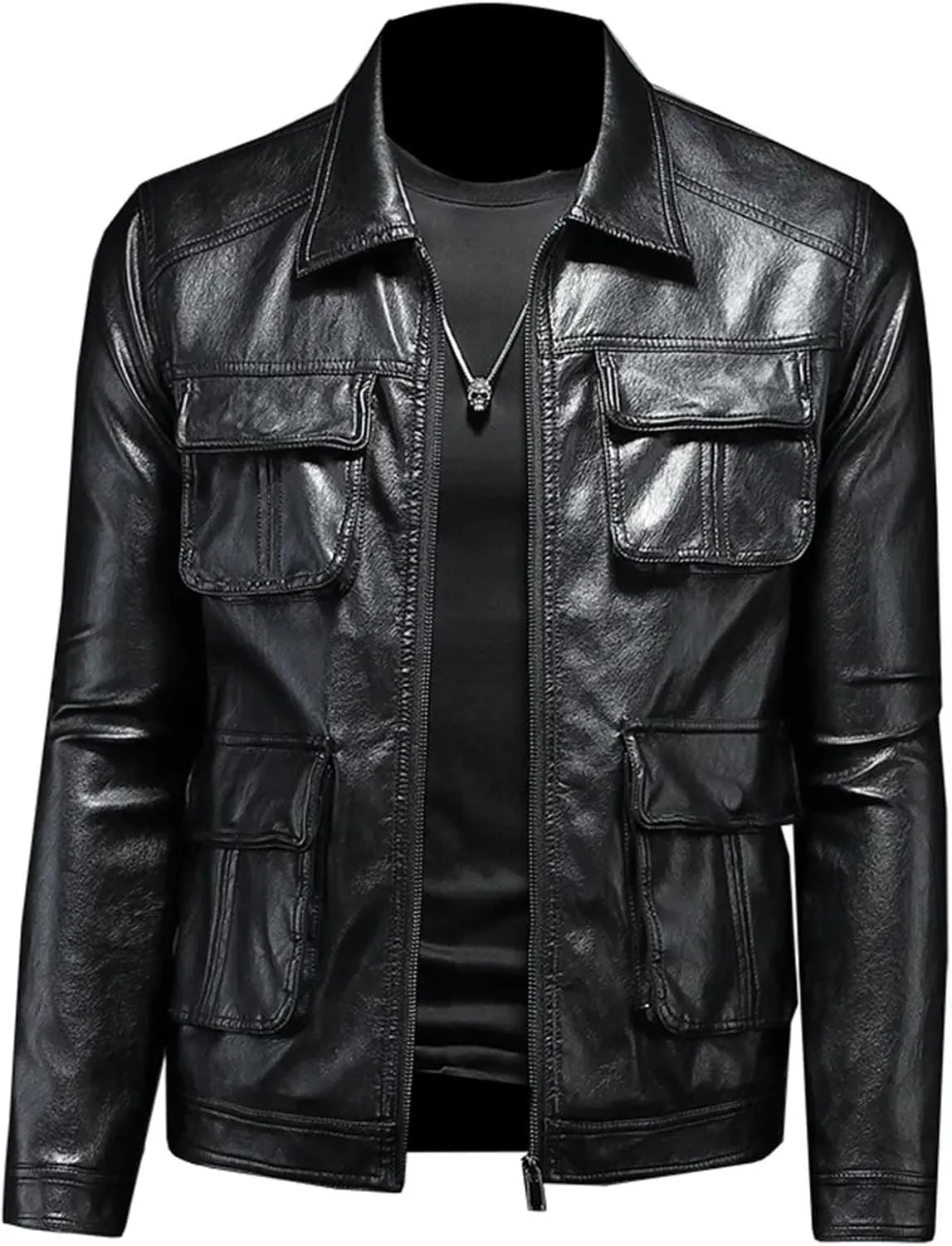 Men’s Lapel Motorcycle Leather Jacket Slim Fit Midweight Winter Casual Coat