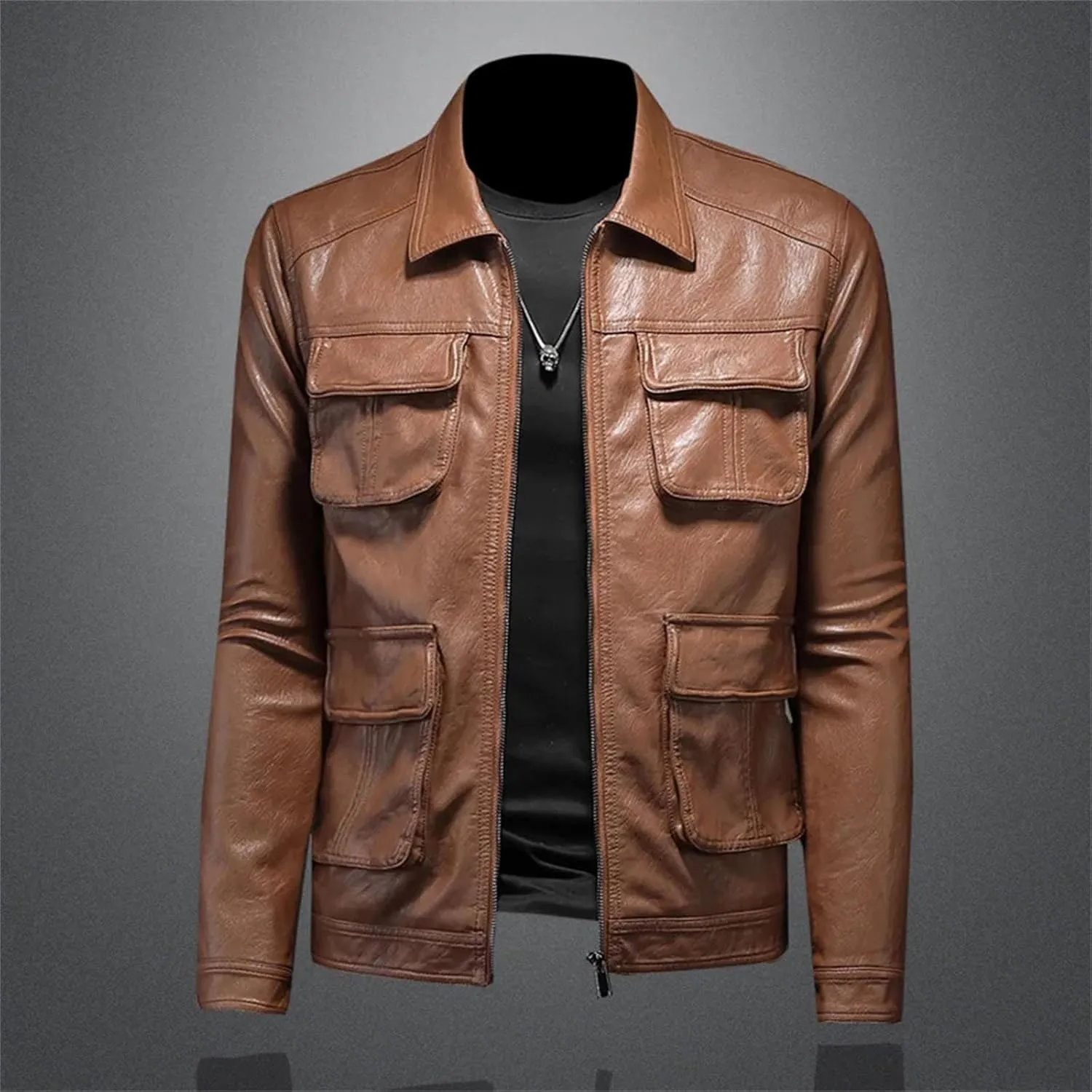 Men’s Lapel Motorcycle Leather Jacket Slim Fit Midweight Winter Casual Coat