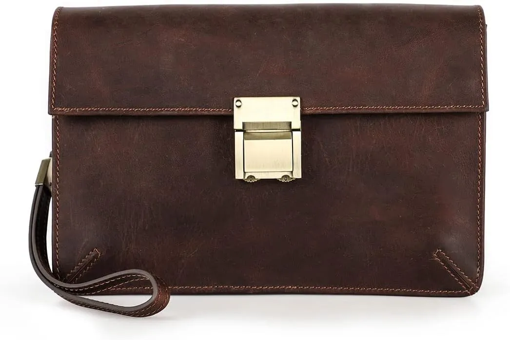 Mens Leather Clutch Bag, Code Lock Anti Theft Wrist Wallet for Men Leather Clutch Purse Travel Card Phone Checkbook Organizer