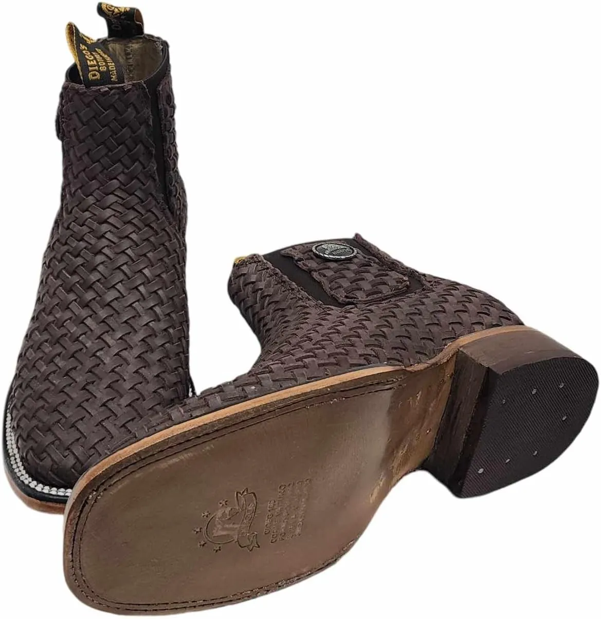 Mens Leather Cowboy Western Hand Woven Braided Square Toe half boots Chelsea Botin Vaquero Petatillo Tejidos