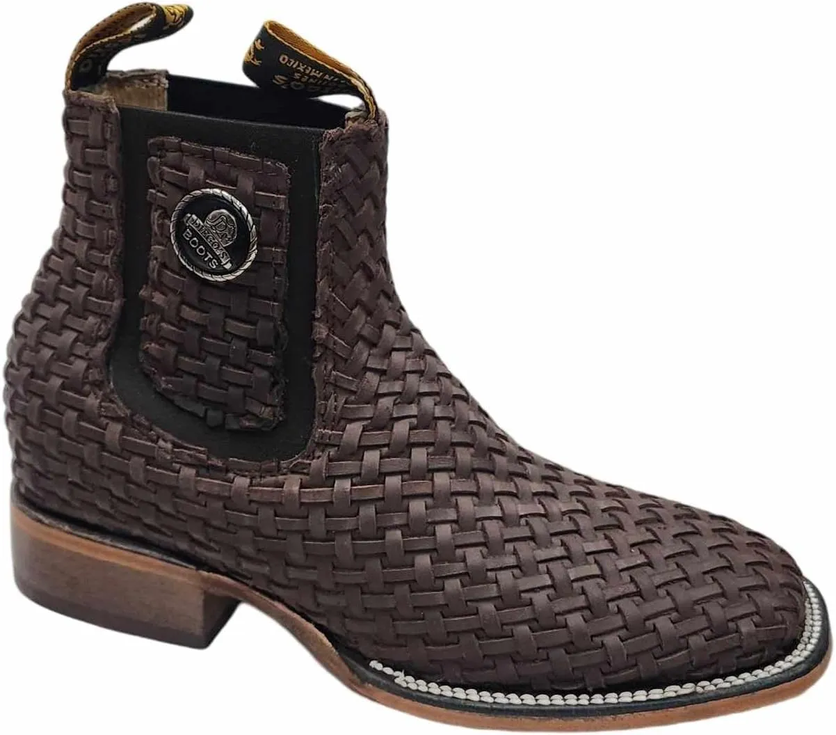 Mens Leather Cowboy Western Hand Woven Braided Square Toe half boots Chelsea Botin Vaquero Petatillo Tejidos