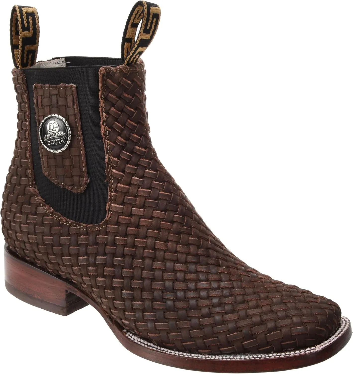 Mens Leather Cowboy Western Hand Woven Braided Square Toe half boots Chelsea Botin Vaquero Petatillo Tejidos