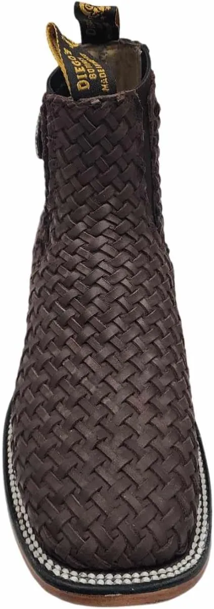 Mens Leather Cowboy Western Hand Woven Braided Square Toe half boots Chelsea Botin Vaquero Petatillo Tejidos