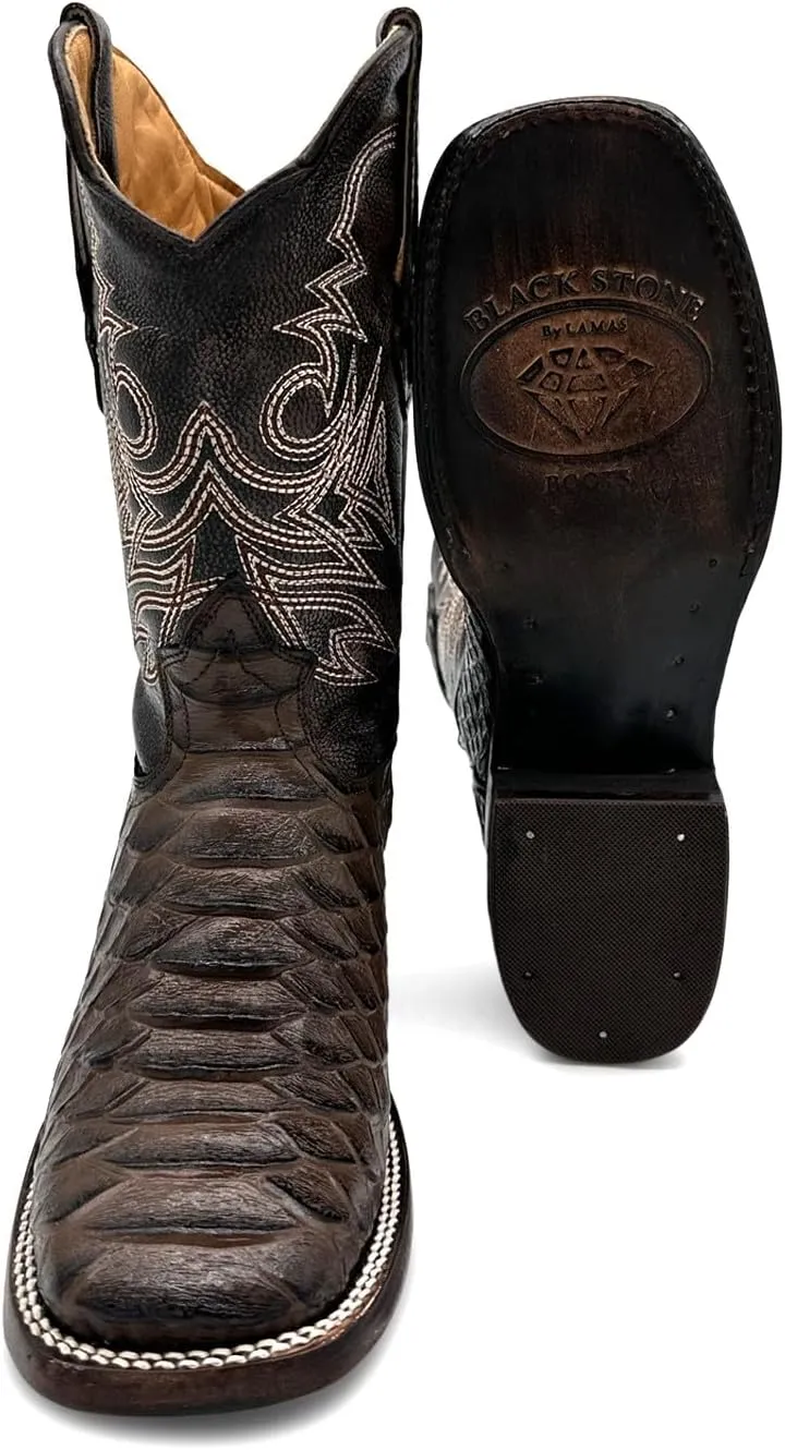 Mens Leather Exotic Python Print Square Toe Cowboy Boot