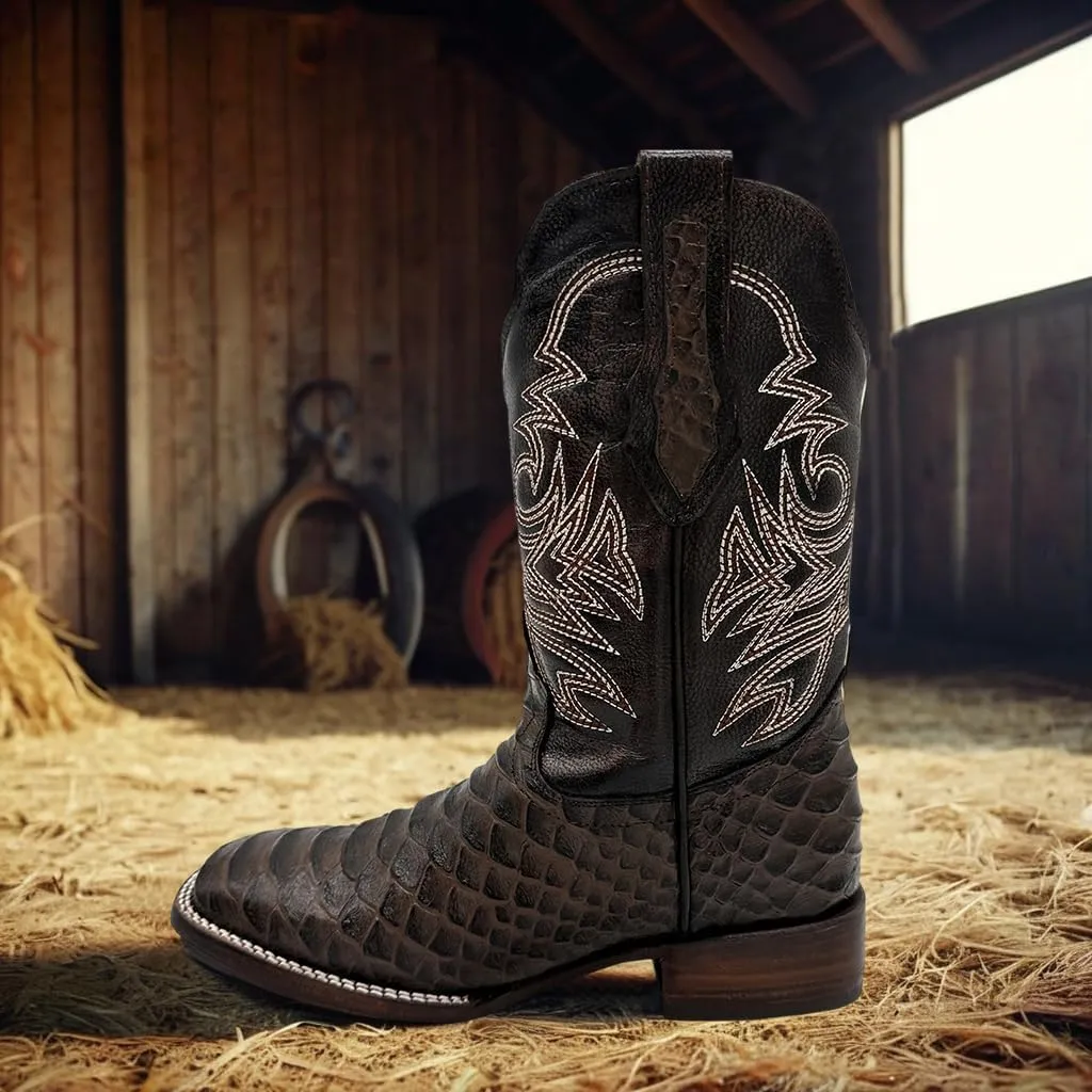 Mens Leather Exotic Python Print Square Toe Cowboy Boot