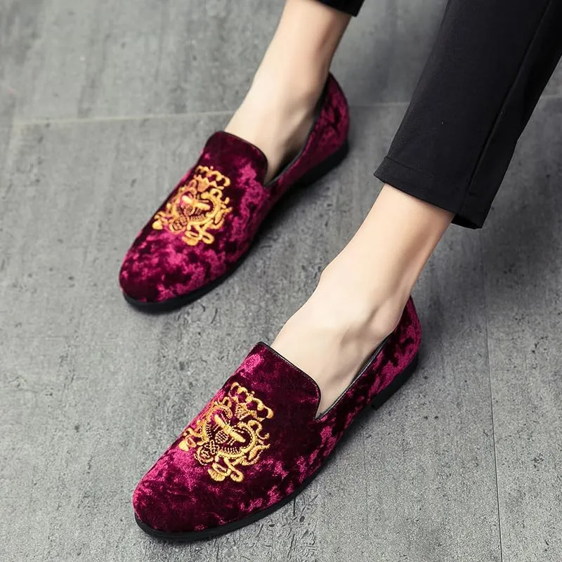Men's Luxury Velvet Penny Loafers Shoes Embroidery Suede Dress Loafers Daily Boats Shoes for Party Wedding Prom Size 38-47