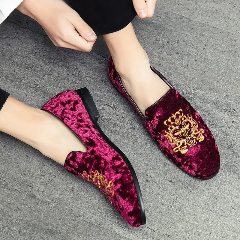 Men's Luxury Velvet Penny Loafers Shoes Embroidery Suede Dress Loafers Daily Boats Shoes for Party Wedding Prom Size 38-47