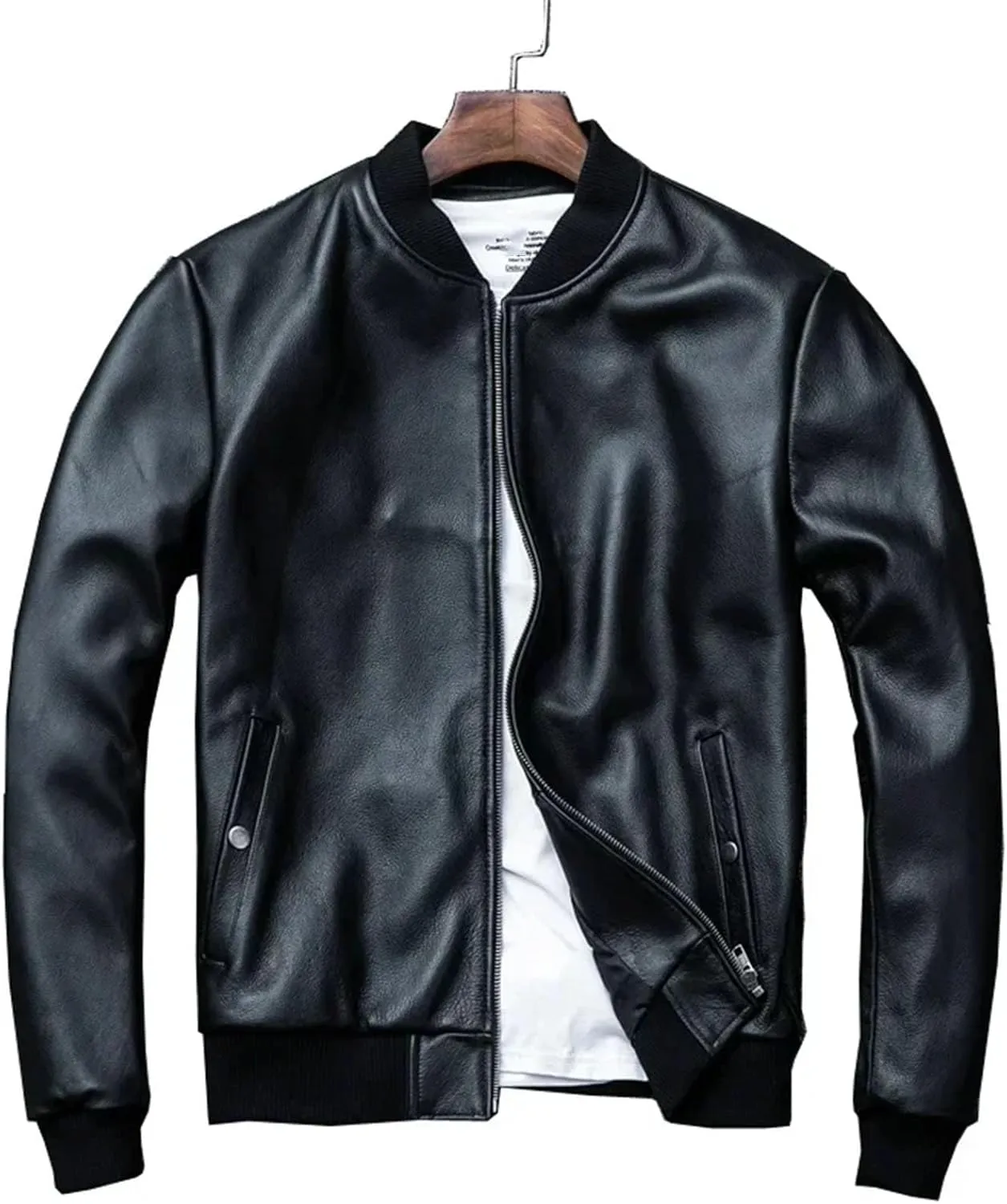 Men’s Oversized Cowhide Leather Jacket Baseball Style Spring Layered Coat