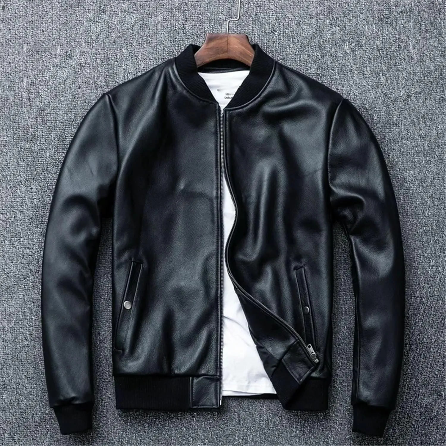 Men’s Oversized Cowhide Leather Jacket Baseball Style Spring Layered Coat