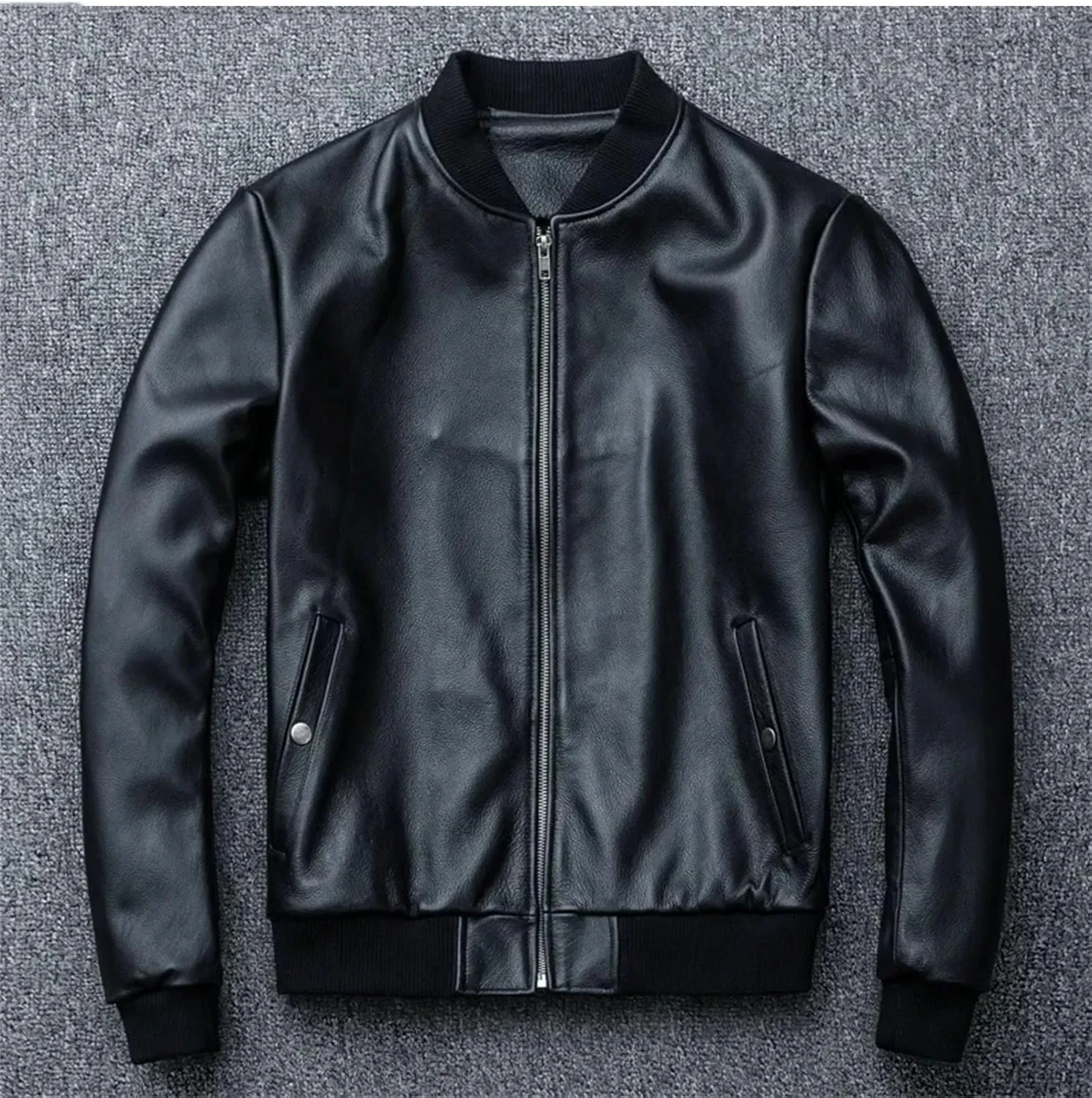 Men’s Oversized Cowhide Leather Jacket Baseball Style Spring Layered Coat