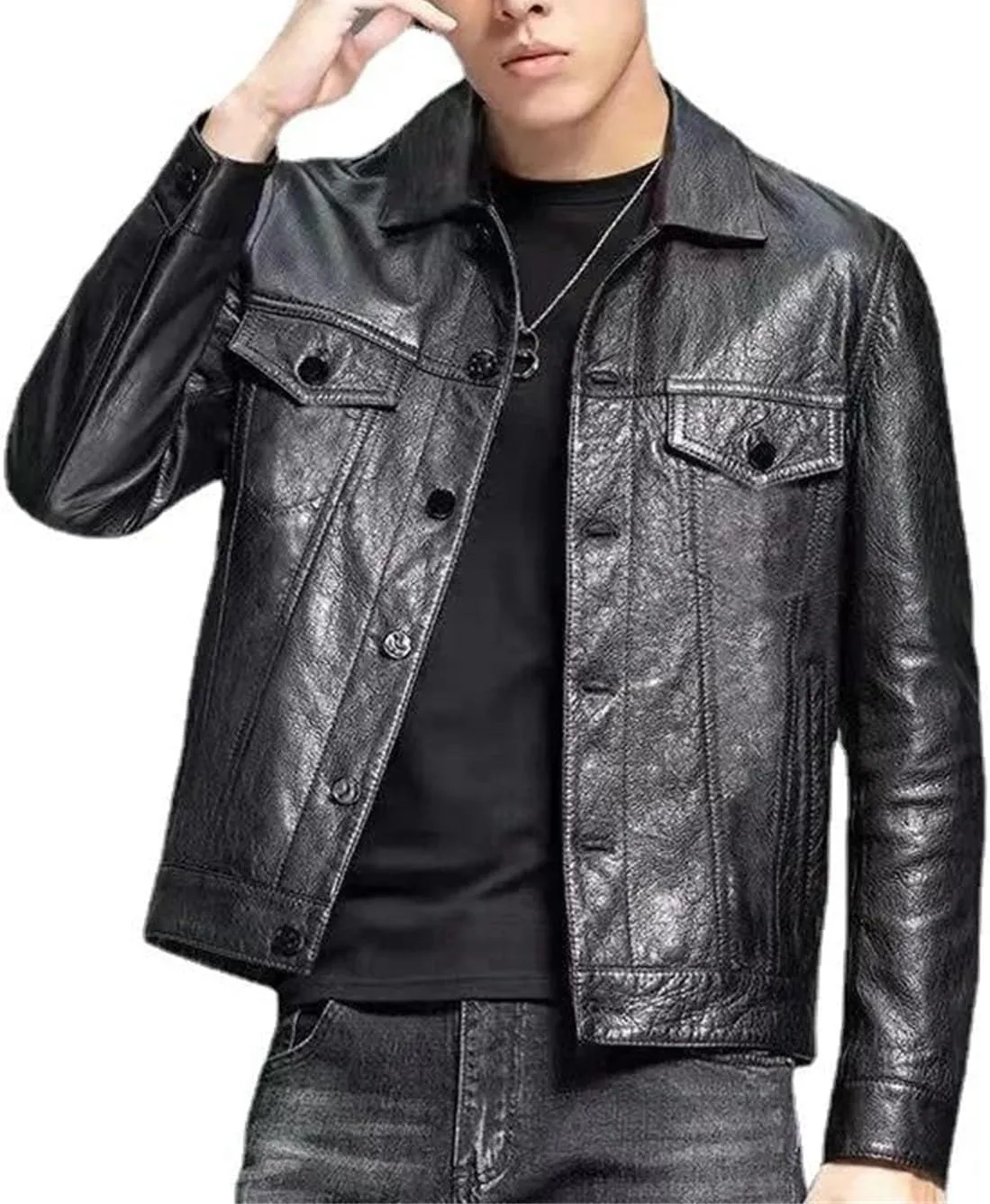 Men’s Retro Lapel Leather Jacket Motorcycle Slim Fit Cool Weather Casual Top