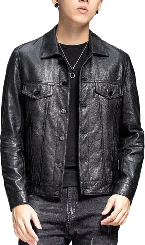 Men’s Retro Lapel Leather Jacket Motorcycle Slim Fit Cool Weather Casual Top