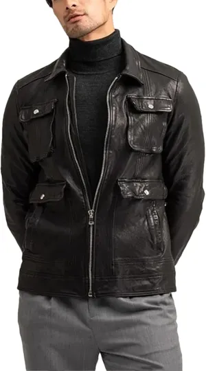 Men’s Sheepskin Leather Jacket Adjustable Hem Spring Midweight Casual Coat