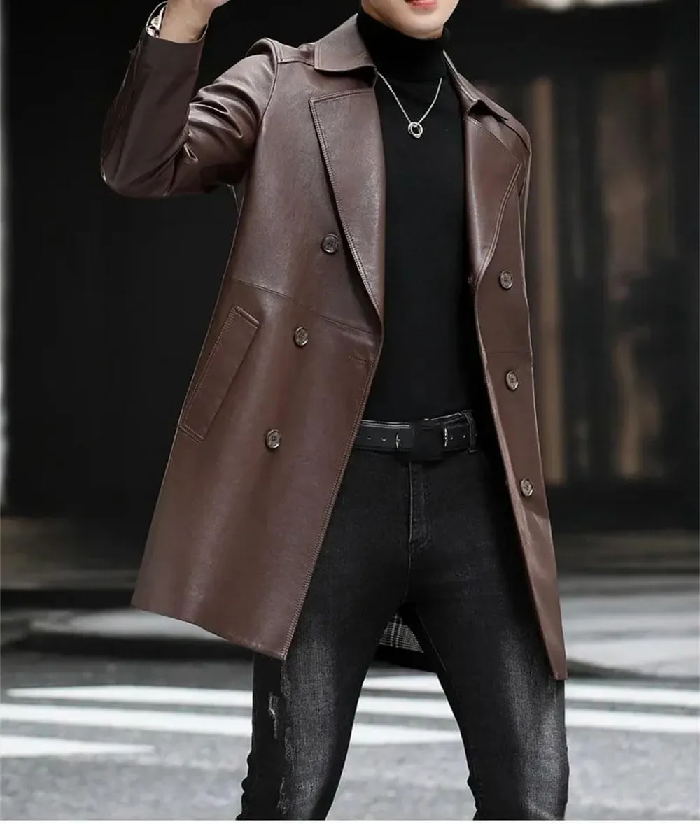 Men’s Sheepskin Leather Jacket Slim Fit Midweight Spring Business Coat