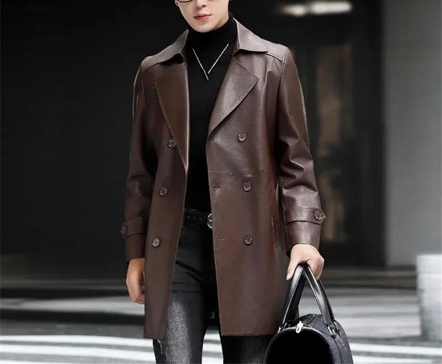 Men’s Sheepskin Leather Jacket Slim Fit Midweight Spring Business Coat