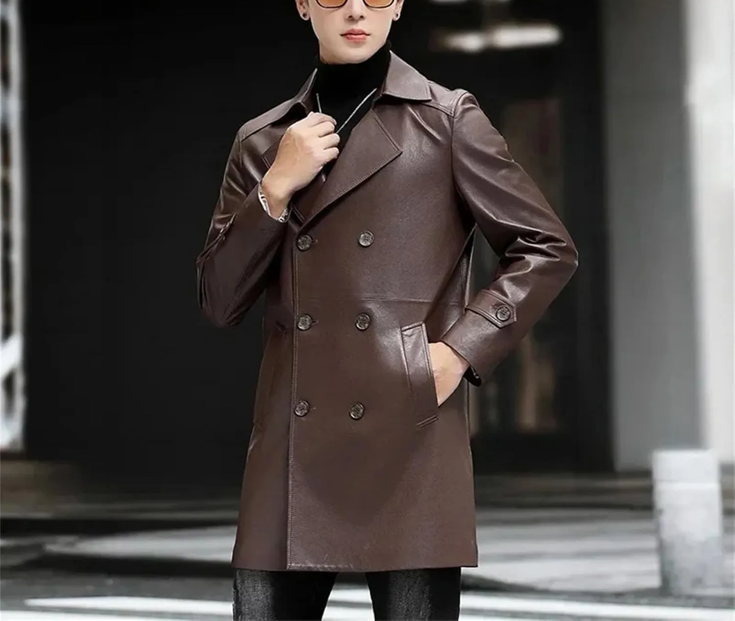 Men’s Sheepskin Leather Jacket Slim Fit Midweight Spring Business Coat