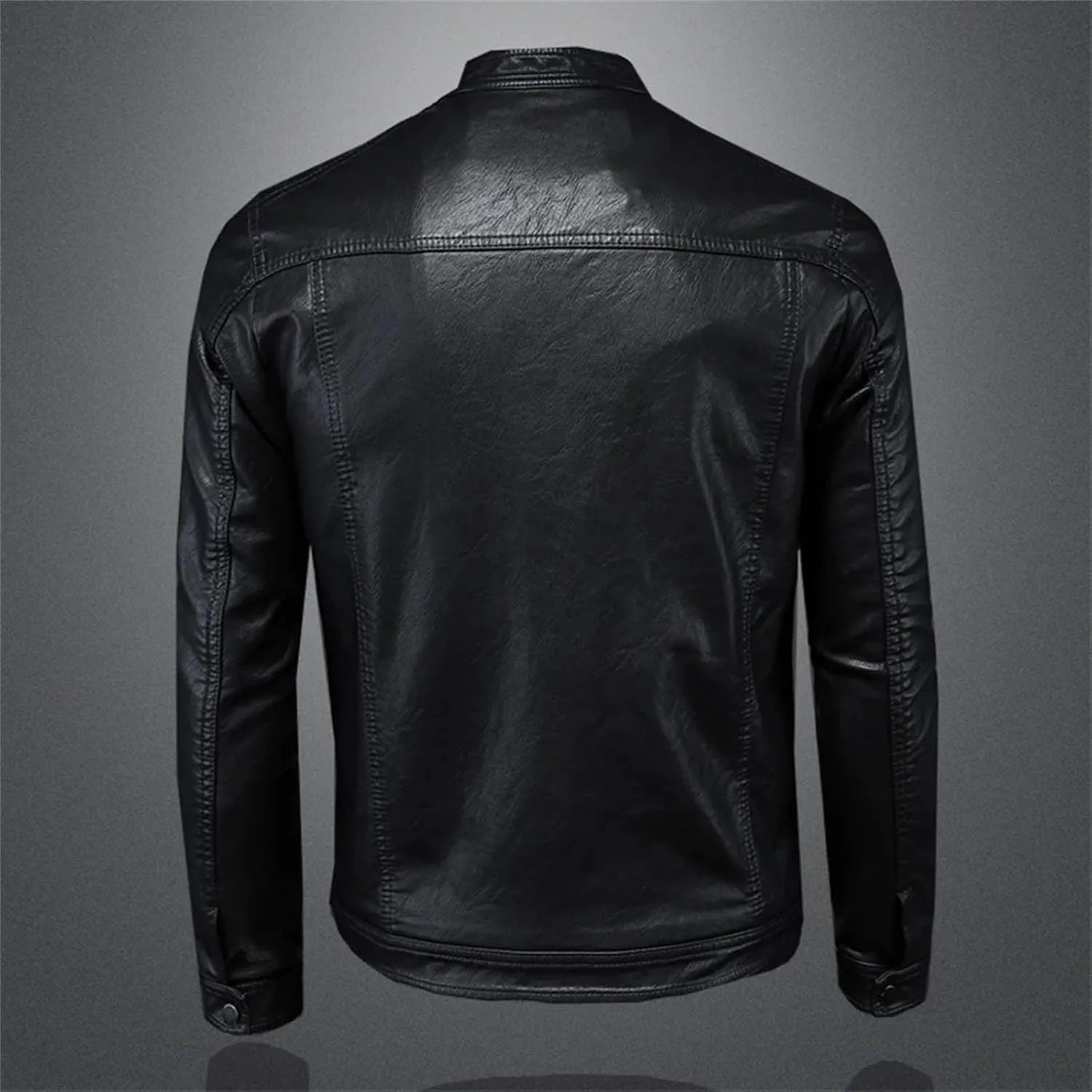 Men’s Stand Collar Motorcycle Leather Jacket Slim Fit Cool Weather Winter Coat