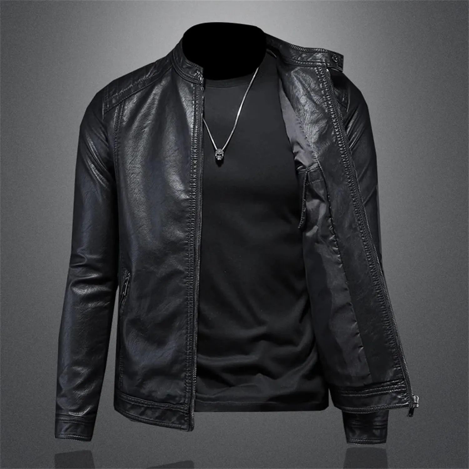 Men’s Stand Collar Motorcycle Leather Jacket Slim Fit Cool Weather Winter Coat